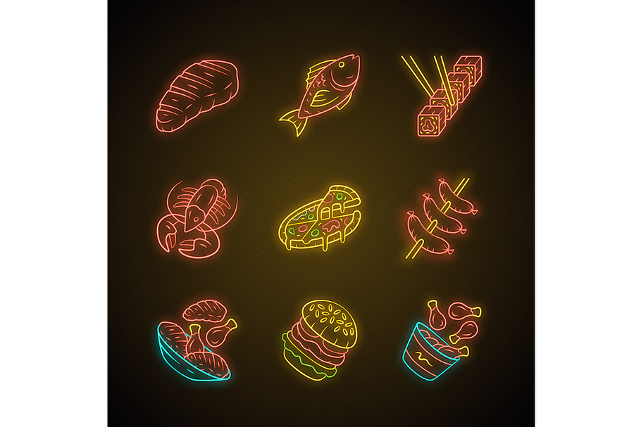 Restaurant menu neon light icons set in Icons - product preview 8