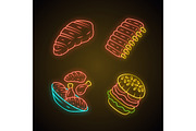Meat dishes neon light icons set