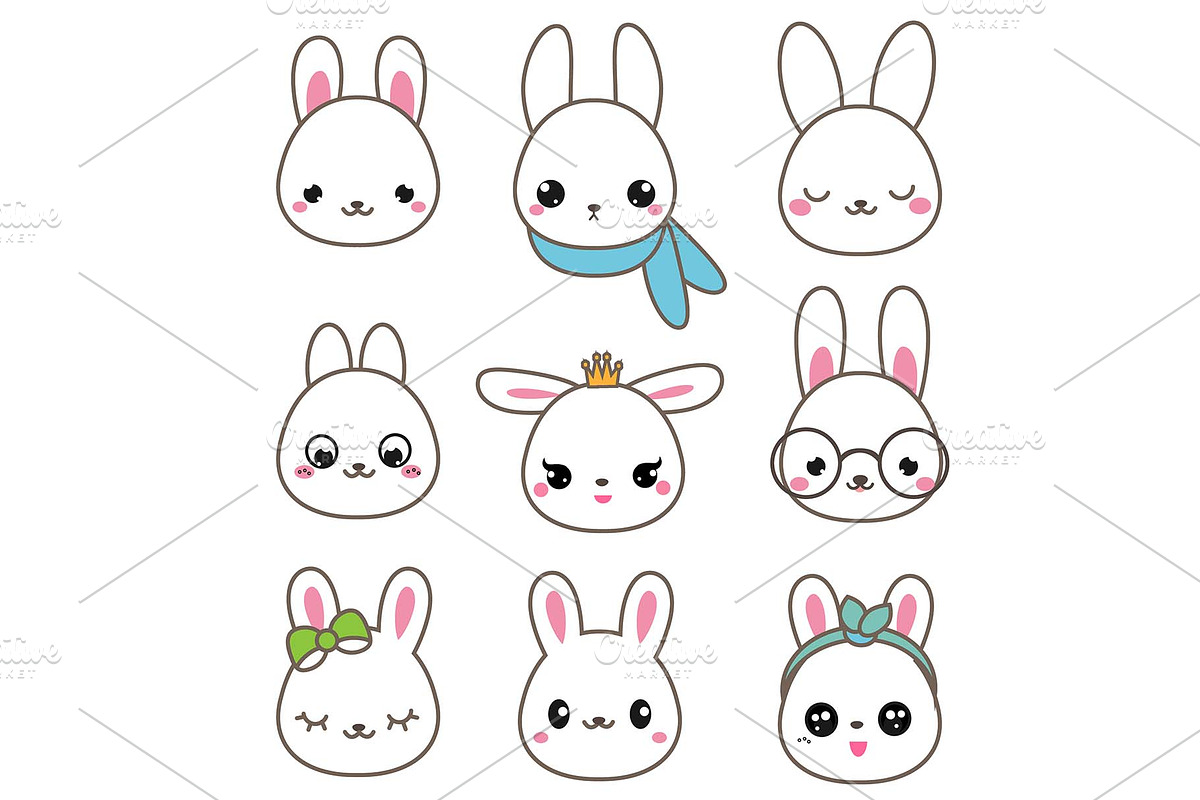 Cute rabbits. Kawaii Bunny faces in Icons - product preview 8