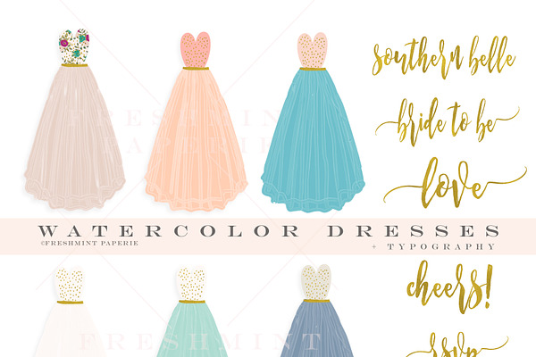 watercolor dress pretty clipart set