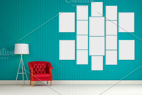 Interior Wall Mockup with 16 Frames in Product Mockups - product preview 3