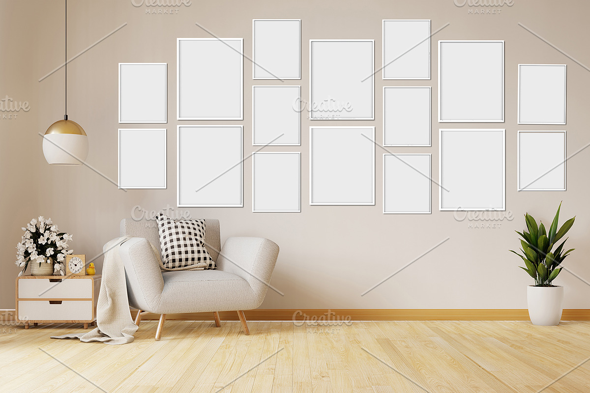 Interior Wall Mockup with 16 Frames in Product Mockups - product preview 8