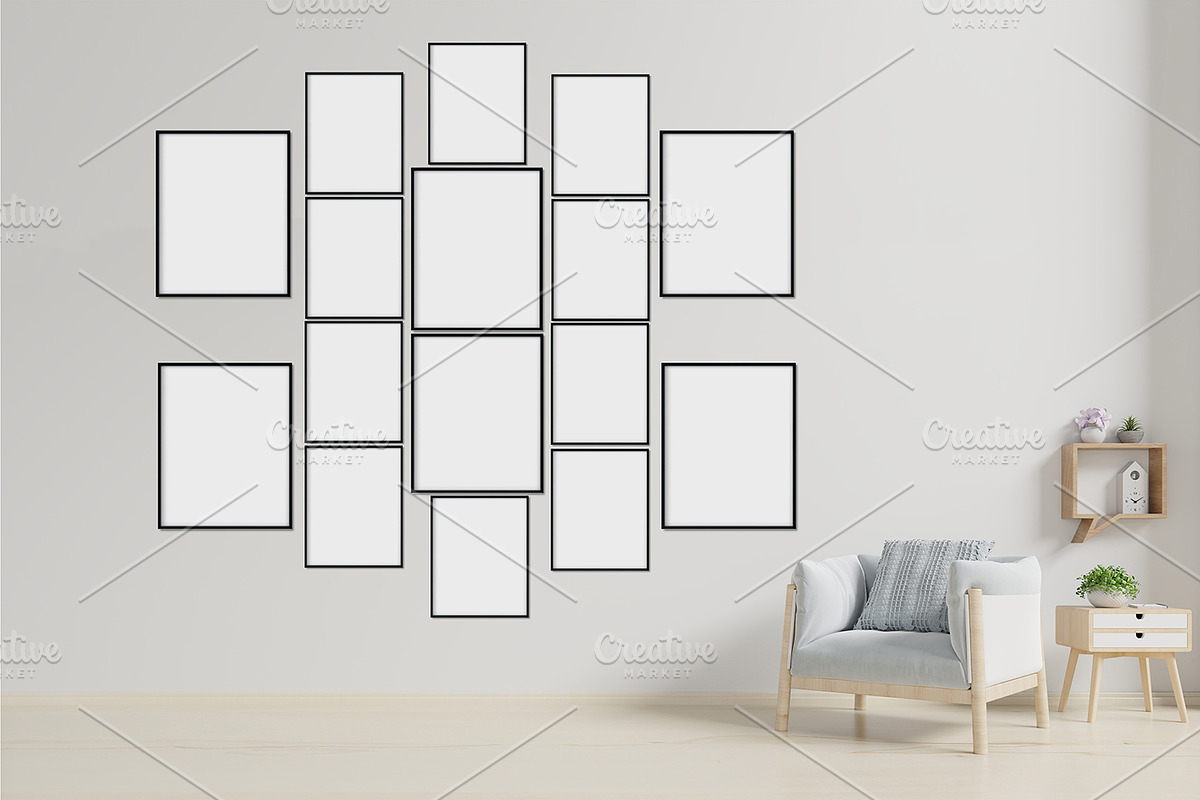 Interior Wall Mockup with 16 Frames in Product Mockups - product preview 8