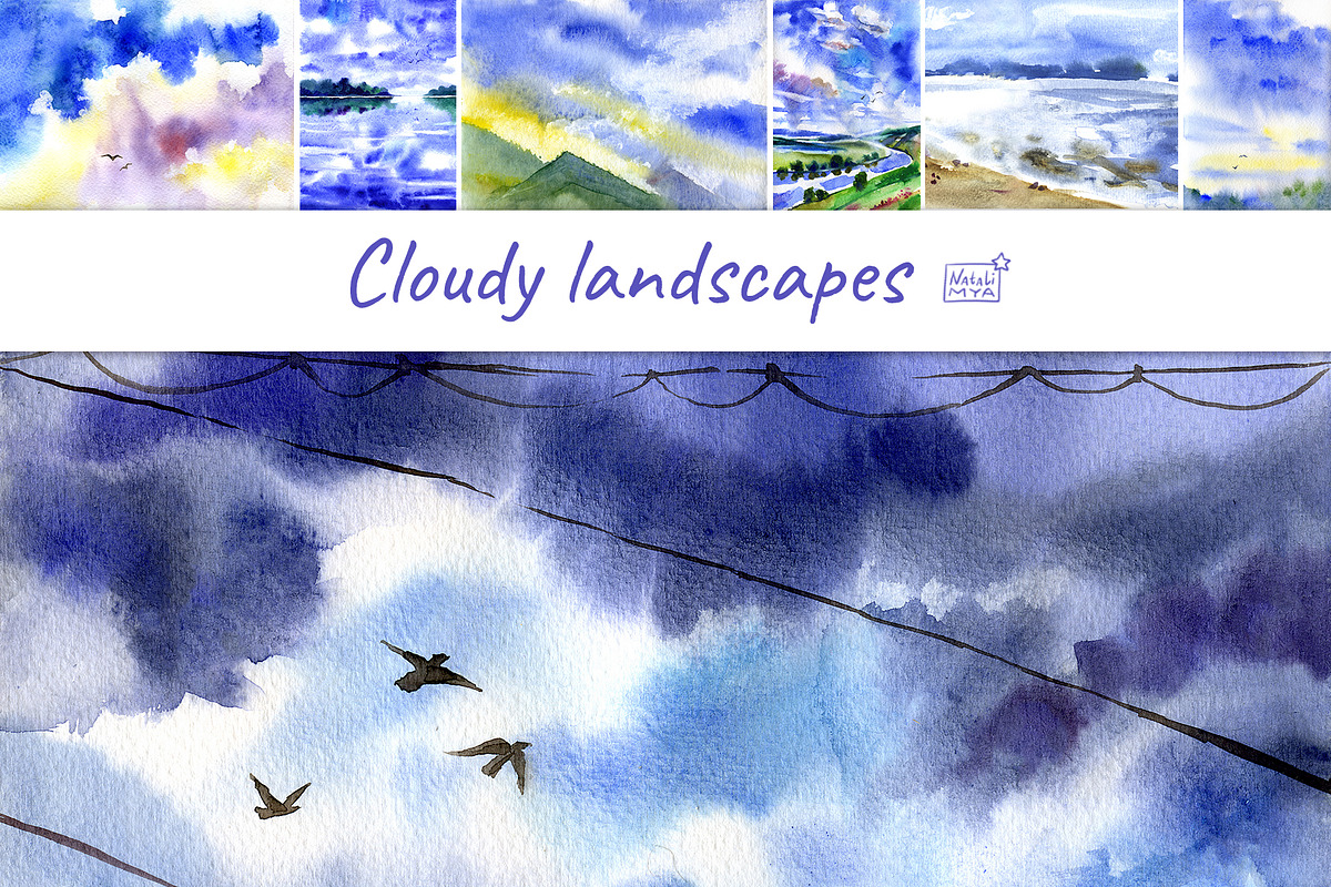 7 watercolor cloudy landscapes in Illustrations - product preview 8