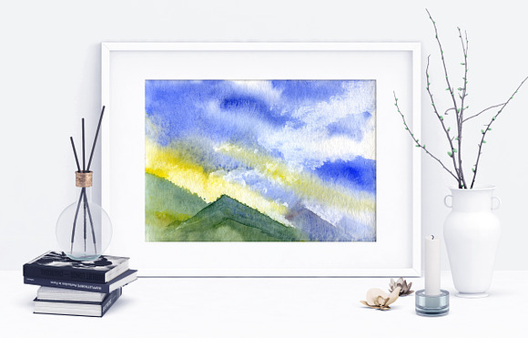 7 watercolor cloudy landscapes in Illustrations - product preview 1