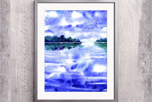7 watercolor cloudy landscapes in Illustrations - product preview 3