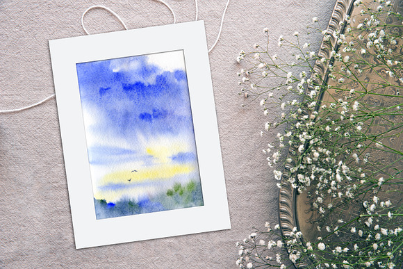 7 watercolor cloudy landscapes in Illustrations - product preview 4