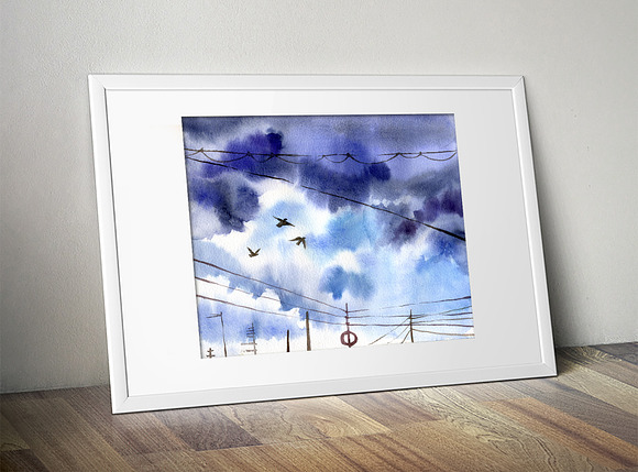 7 watercolor cloudy landscapes in Illustrations - product preview 5