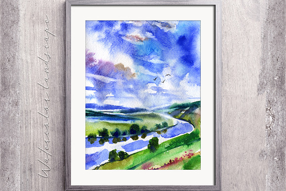 7 watercolor cloudy landscapes in Illustrations - product preview 7