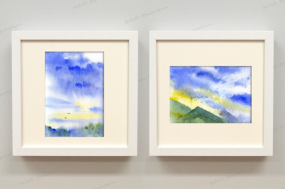 7 watercolor cloudy landscapes in Illustrations - product preview 8