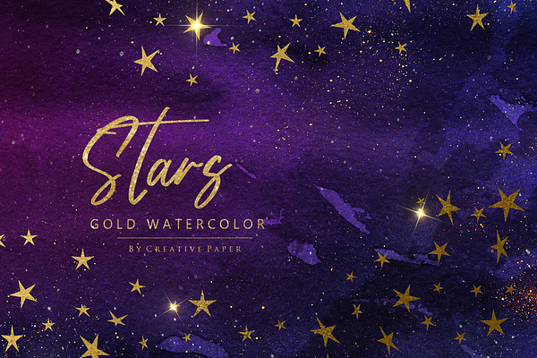 Watercolor Gold Stars and Sky