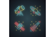 Astronomy neon light icons set