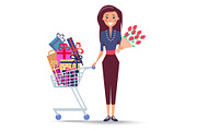 Cheerful Woman with Shopping Trolley