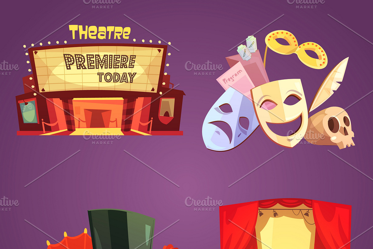 Theatre stage decorations icons set in Icons - product preview 8