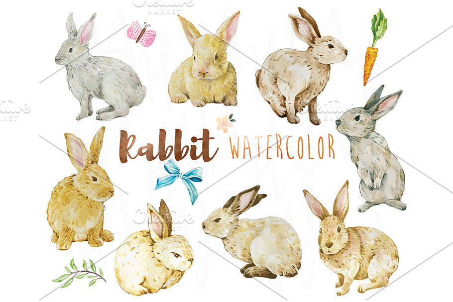 Bunny Watercolor Elements in Illustrations - product preview 8