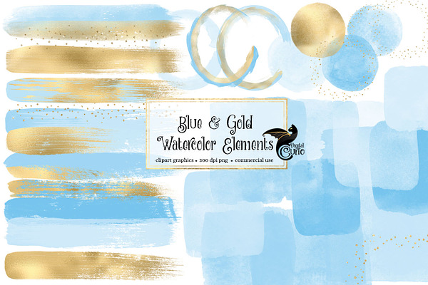 Blue and Gold Watercolor Elements