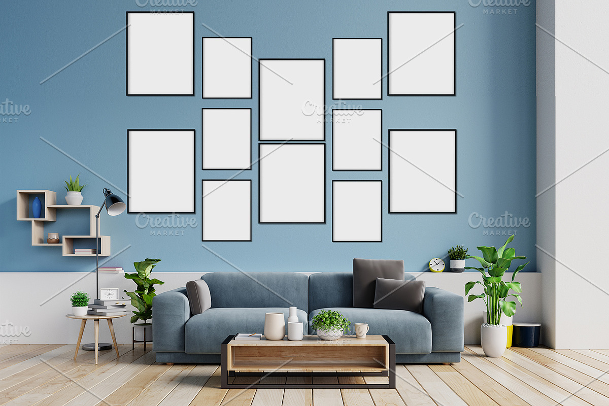 Interior Wall with 12 Frame Mockups in Product Mockups - product preview 8