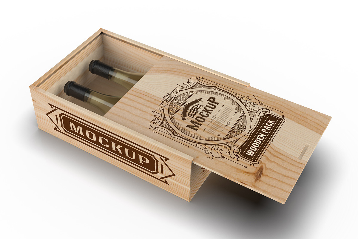 Wooden Box with white Wine Bottles in Product Mockups - product preview 8