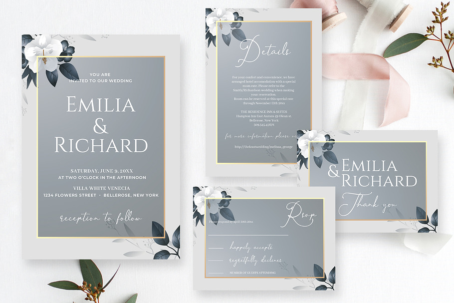 Floral grey and gold Invitation