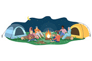 Friends sit by campfire illustration