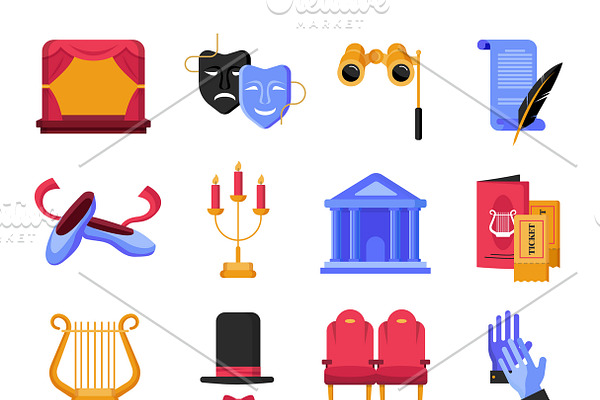 Colorful flat theatre icons set