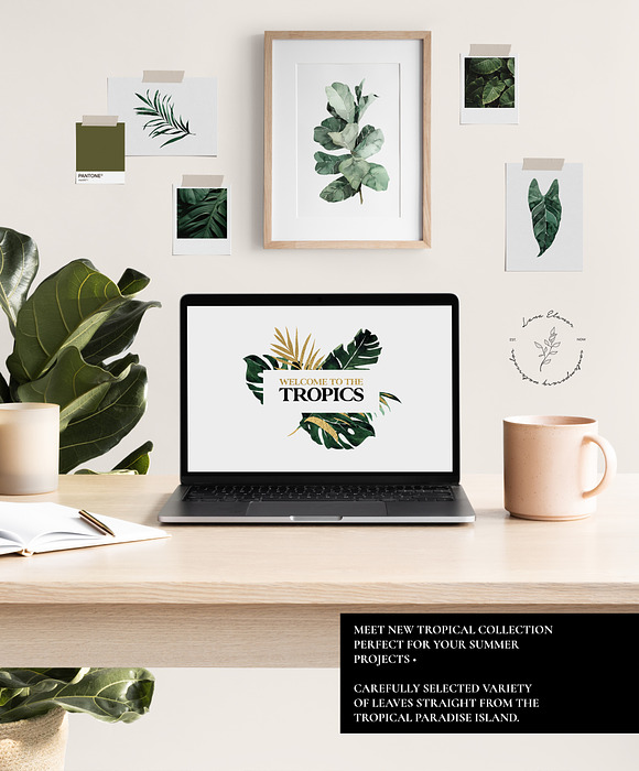TROPICAL GREENERY green & gold leaf in Illustrations - product preview 1