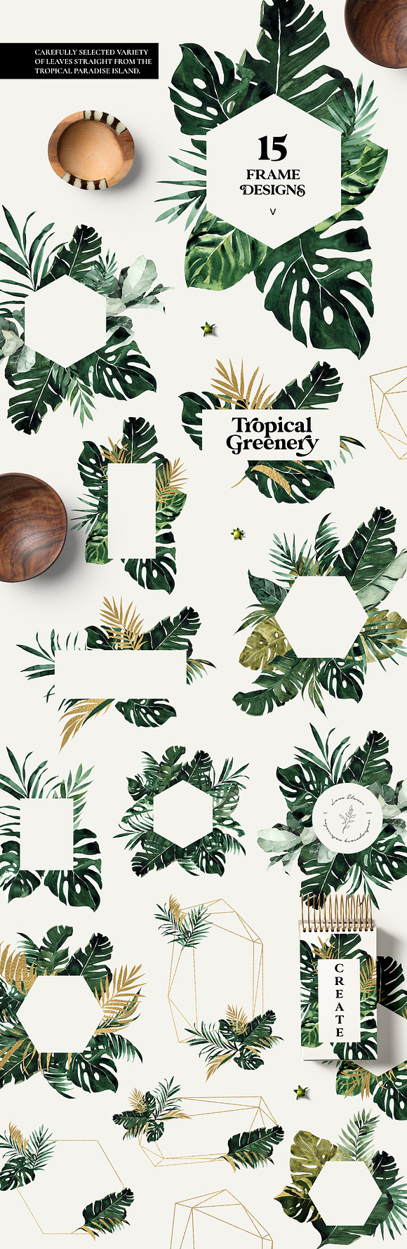 TROPICAL GREENERY green & gold leaf in Illustrations - product preview 2