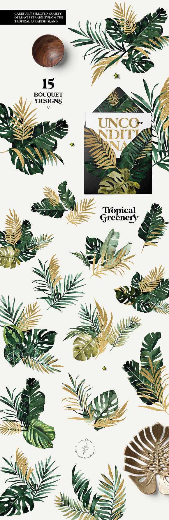 TROPICAL GREENERY green & gold leaf in Illustrations - product preview 4
