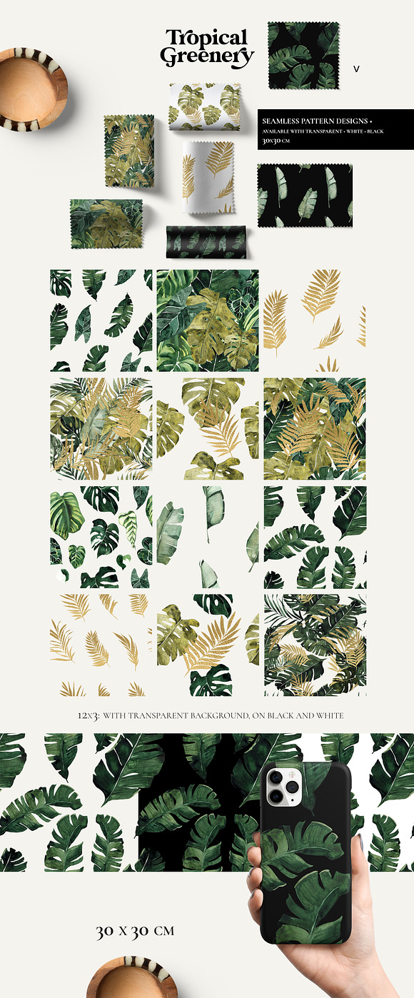 TROPICAL GREENERY green & gold leaf in Illustrations - product preview 5