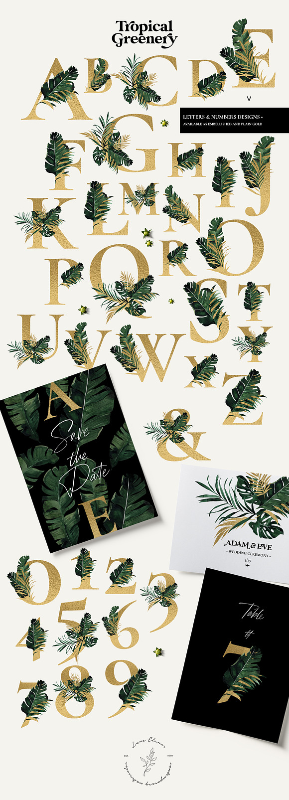 TROPICAL GREENERY green & gold leaf in Illustrations - product preview 7