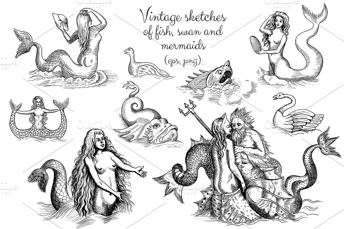 Triton, mermeids and other creatures in Illustrations - product preview 8