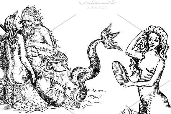 Triton, mermeids and other creatures in Illustrations - product preview 1
