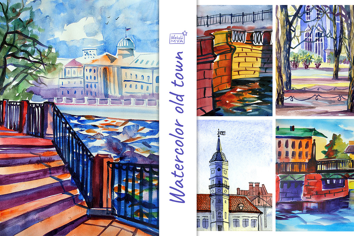 Watercolor old town landscapes in Illustrations - product preview 8