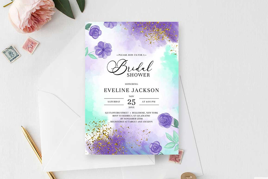 Purple and teal Bridal Shower Invite in Card Templates - product preview 8