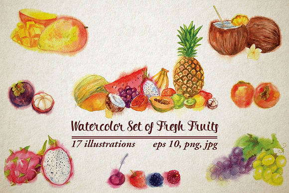 Watercolor Set of Fresh Fruits in Illustrations - product preview 1