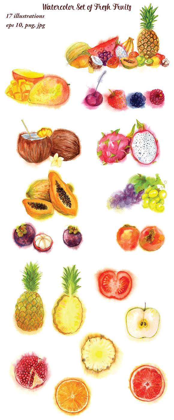 Watercolor Set of Fresh Fruits in Illustrations - product preview 2
