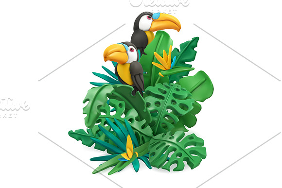 Exotic birds, vector tropical leaves in Illustrations - product preview 2