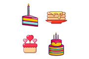 Cake icon set, cartoon style