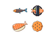 Fish food icon set, cartoon style