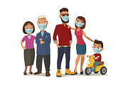 Family in blue medical masks. Color