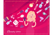 Beauty store banner with cosmetics