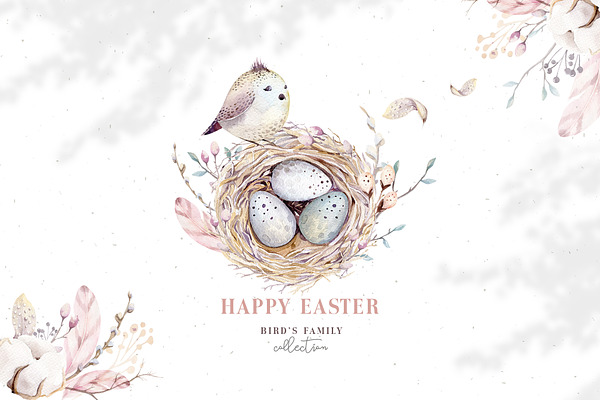 Watercolor Happy Easter birds & nest