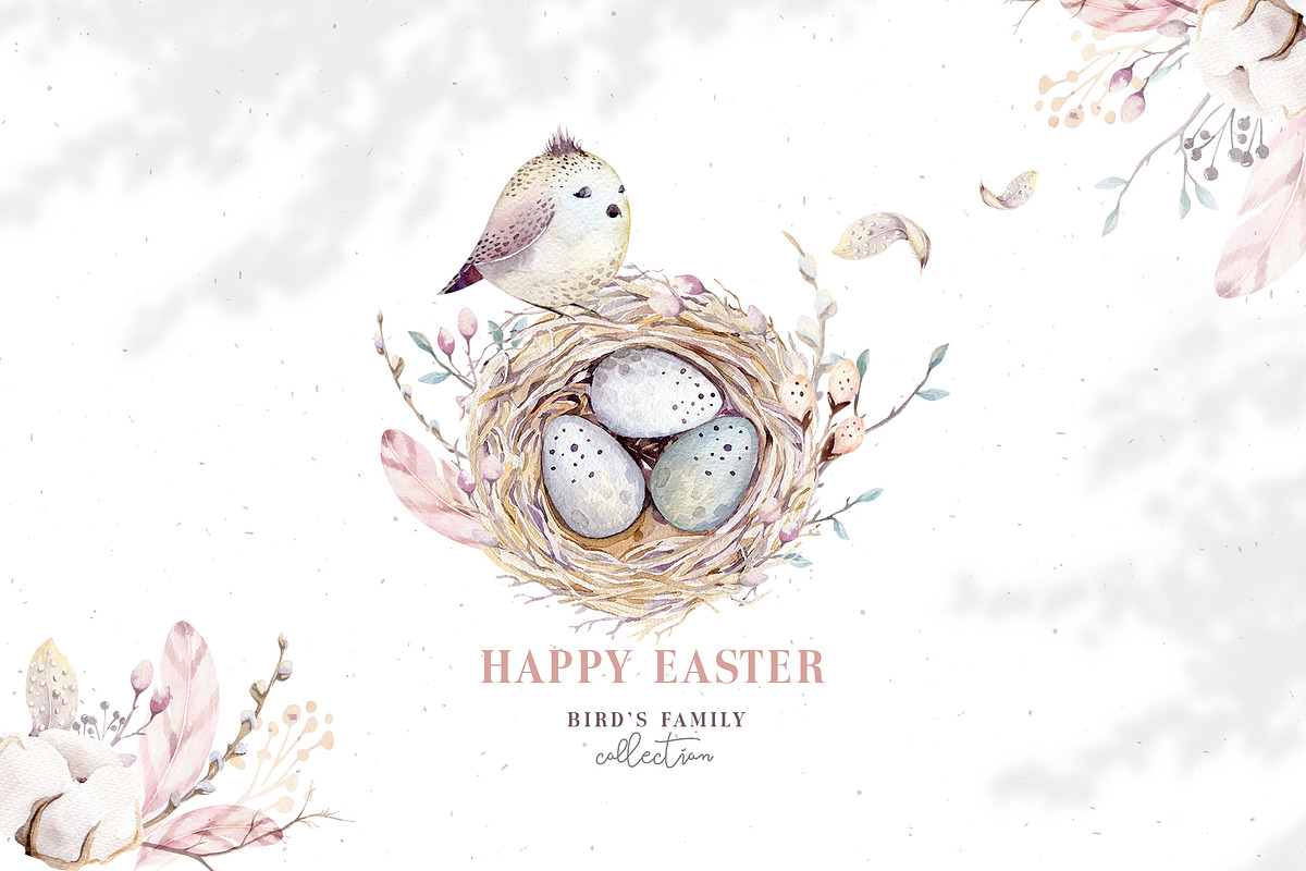 Watercolor Happy Easter birds & nest in Illustrations - product preview 8
