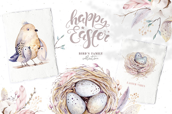 Watercolor Happy Easter birds & nest in Illustrations - product preview 1