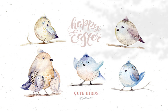 Watercolor Happy Easter birds & nest in Illustrations - product preview 2