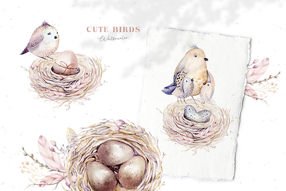 Watercolor Happy Easter birds & nest in Illustrations - product preview 3