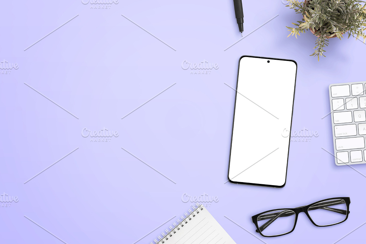 Smart phone on purple desk mockup in Mobile & Web Mockups - product preview 8