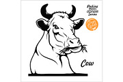 Peeking Cow chews hay - Cheerful Cow