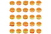Burger icons set, isometric style