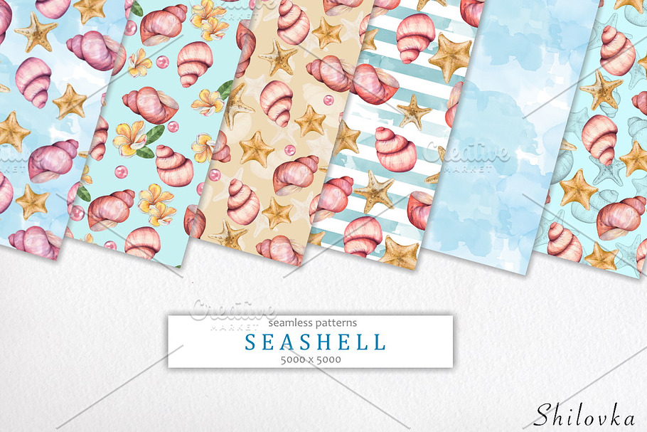 Seashells. Watercolor set patterns